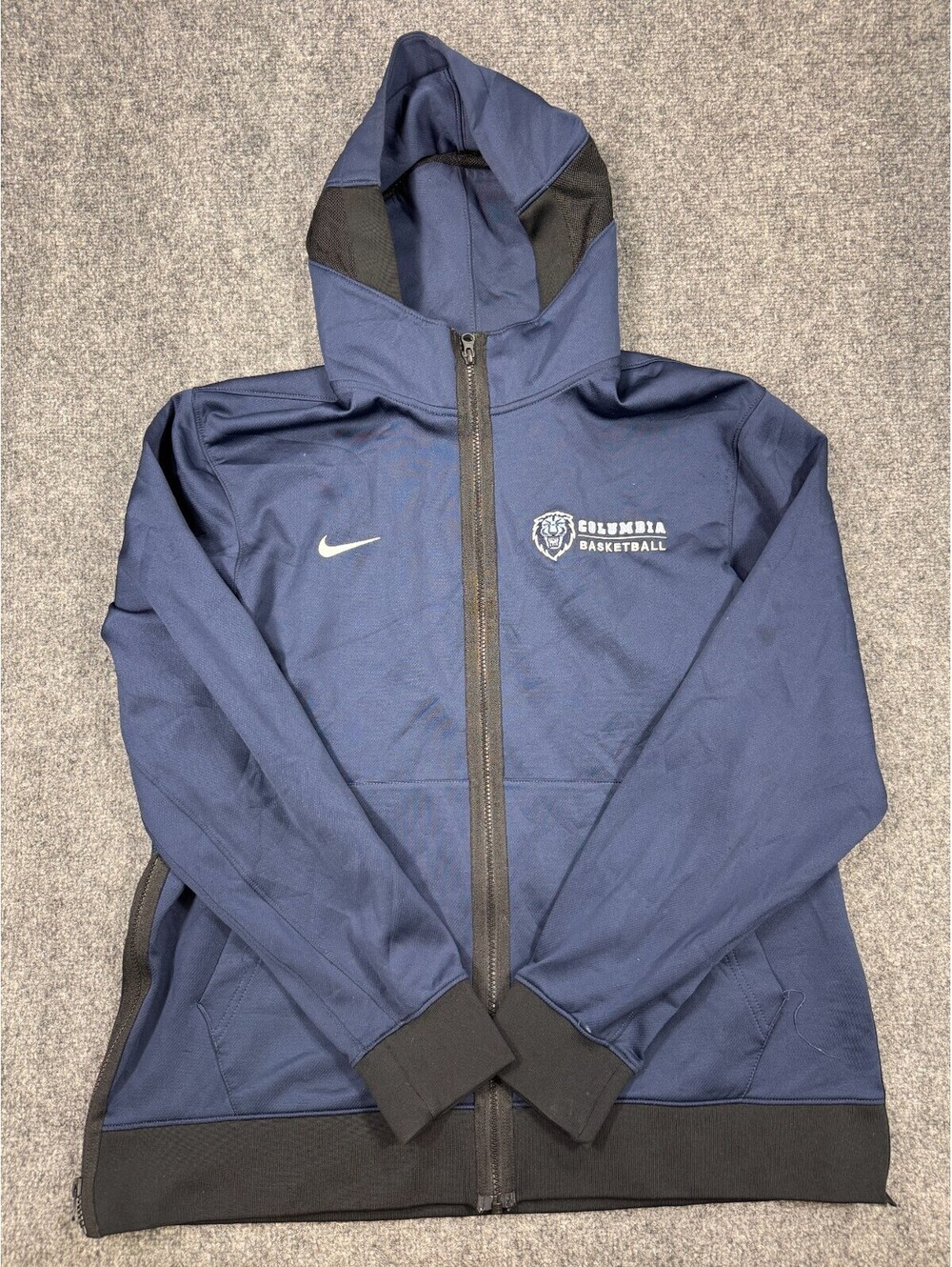 Nike Dri Fit Columbia Lions Basketball Mens Jacket XL Navy Blue Hooded Side Zip